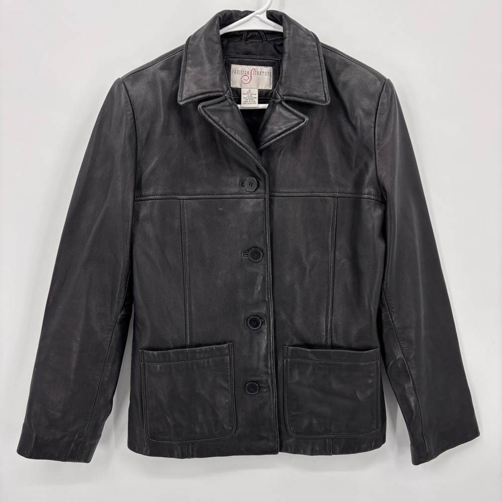 Parisian Signature Leather Jacket Women Small Black Excellent Button Blazer
